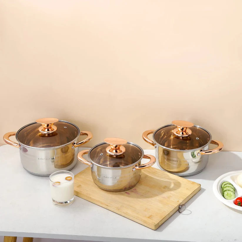 Juego De Ollas En Acero Quirúrgico 6 Pzs Bateria Tapa Vidrio