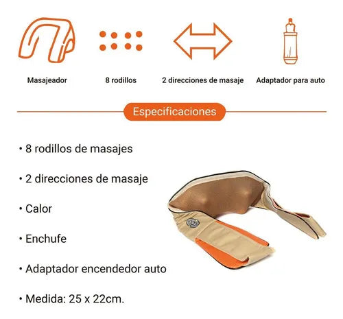 Masajeador Cuello Y Espalda, Lumbar, 8 Rodillos, Con Calor Color Beige