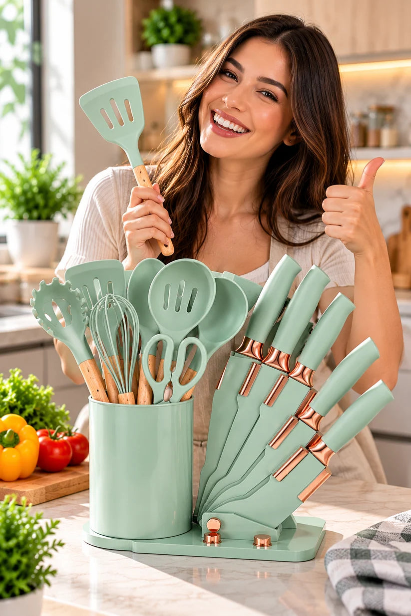Set Utensilios De Cocina Zebbris Silicona Juego De Cuchillos X19 Verde