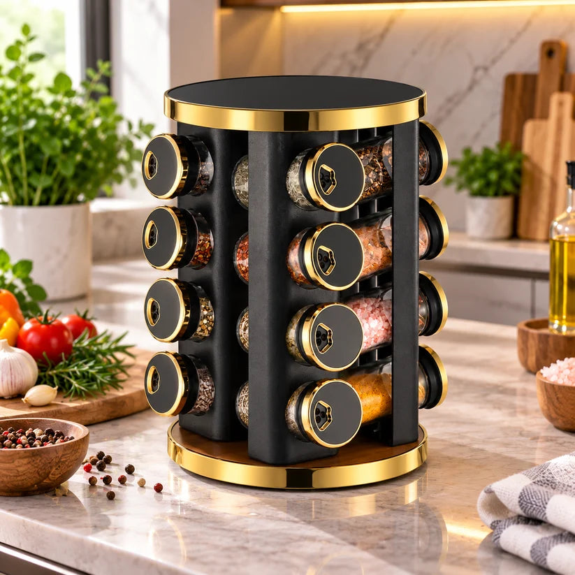 Especiero Condimentero Giratorio Zebbris x 16 Piezas Negro Con Dorado