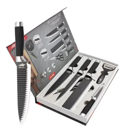 Juego Kit Set Cuchillos Todo En Uno 6 Piezas Profesionales Color Negro