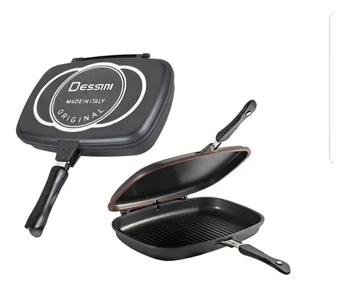Sartén Doble Parrilla 36 Cms Antiadherente Dessini Italiana Color Negro